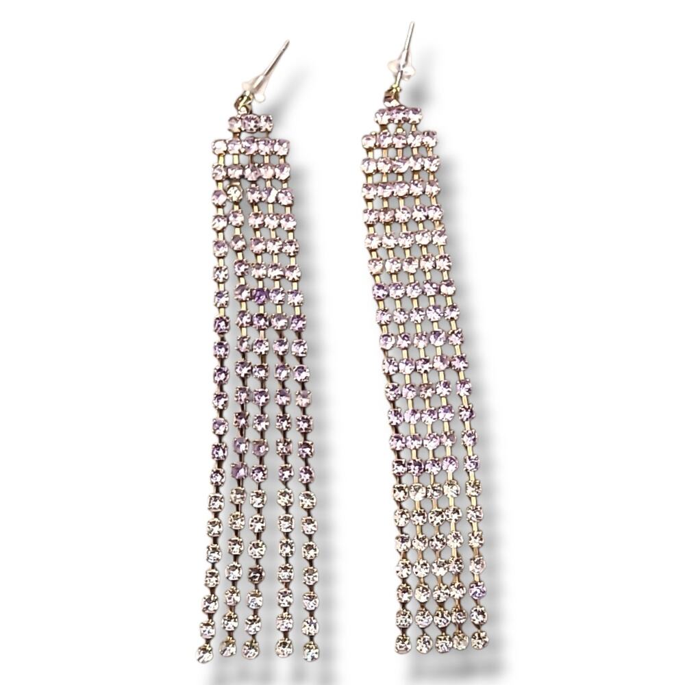 Long Purple & Silver‎ Tone Rhinestone Waterfall Chandelier Dangle Earrings 4" - Picture 7 of 7